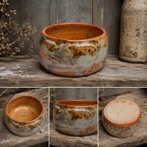 Signed NAN 15 Handmade Studio Pottery Bowl Orange Abstract Drip Glaze